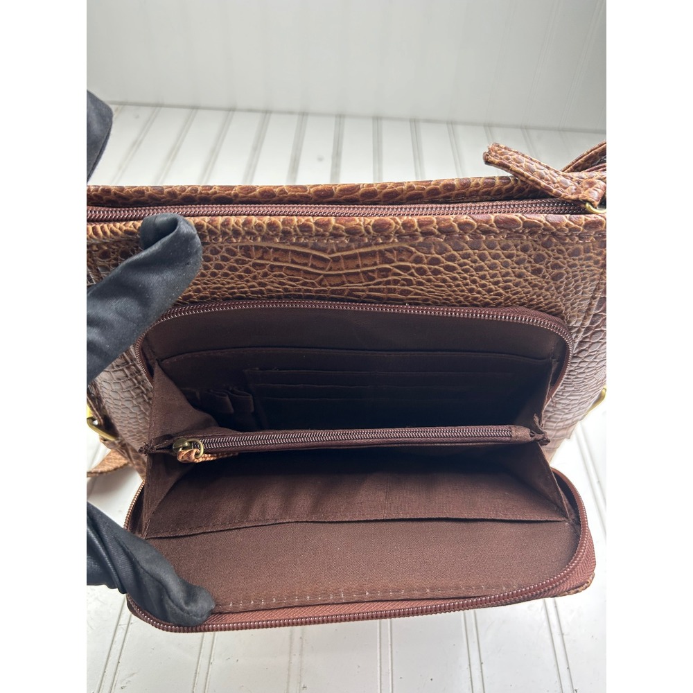 Coldwater Creek Vintage Sophie Brown Croc Embossed Leather Boho Crossbody Bag - Picture 6 of 14